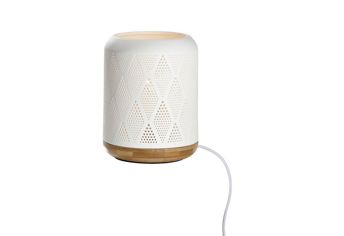 GILDE Tischleuchte Porzellan Lampe Prickelraute weiß / Sockel in Holzoptik