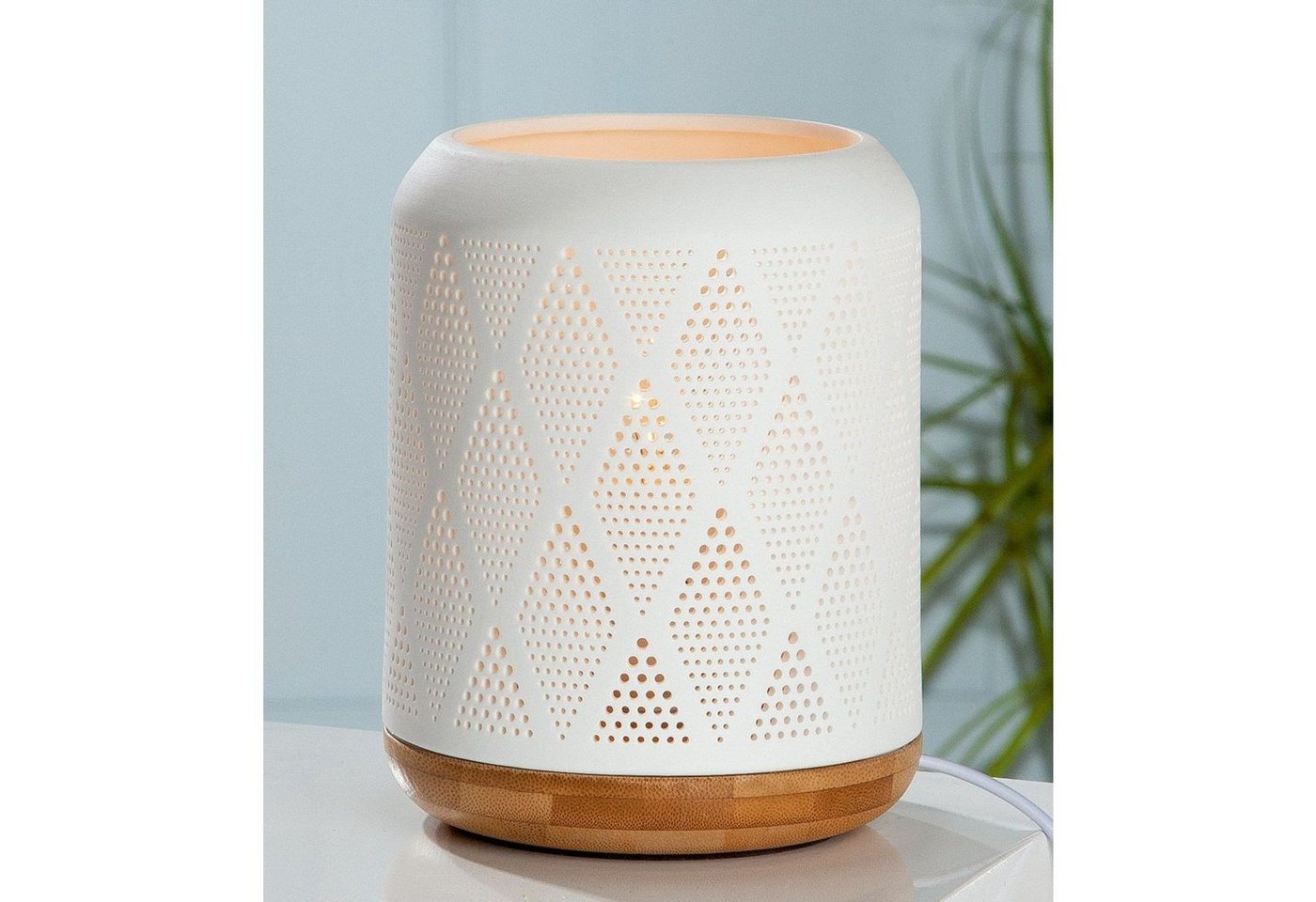 GILDE Tischleuchte Porzellan Lampe Prickelraute weiß / Sockel in Holzoptik Bild 2