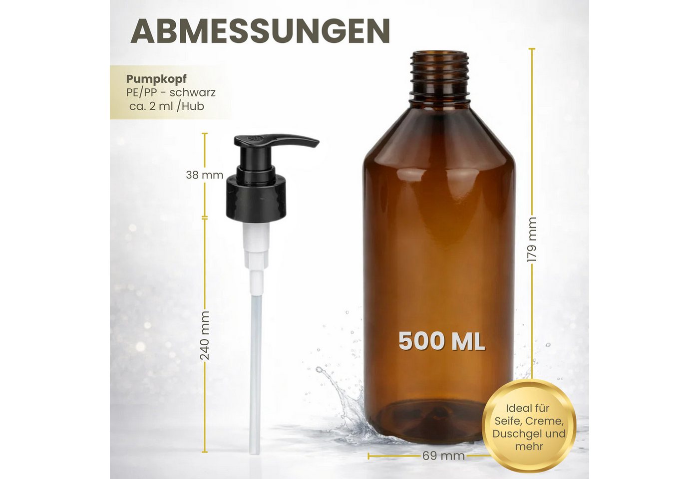 mikken Seifenspender leerer Pumpspender 500 ml PET braun Lotionspender, Dosierspender, (4-tlg., 2er, 4er, 6er, 10er), mit Etiketten, UV-Schutz, bruchsicher, lebensmittelecht Bild 4