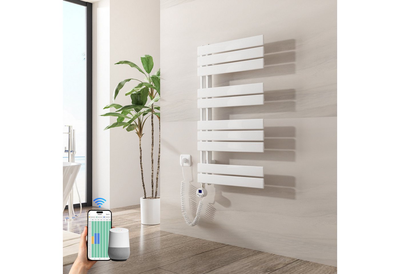 Heilmetz Elektrischer Badheizkörper 89,9 x 50 cm, 400W, mit WLAN Heizstab, Asymmetrisch Design, Weiß Handtuchwärmer mit Smart App/Sprachsteuerung Bild 5