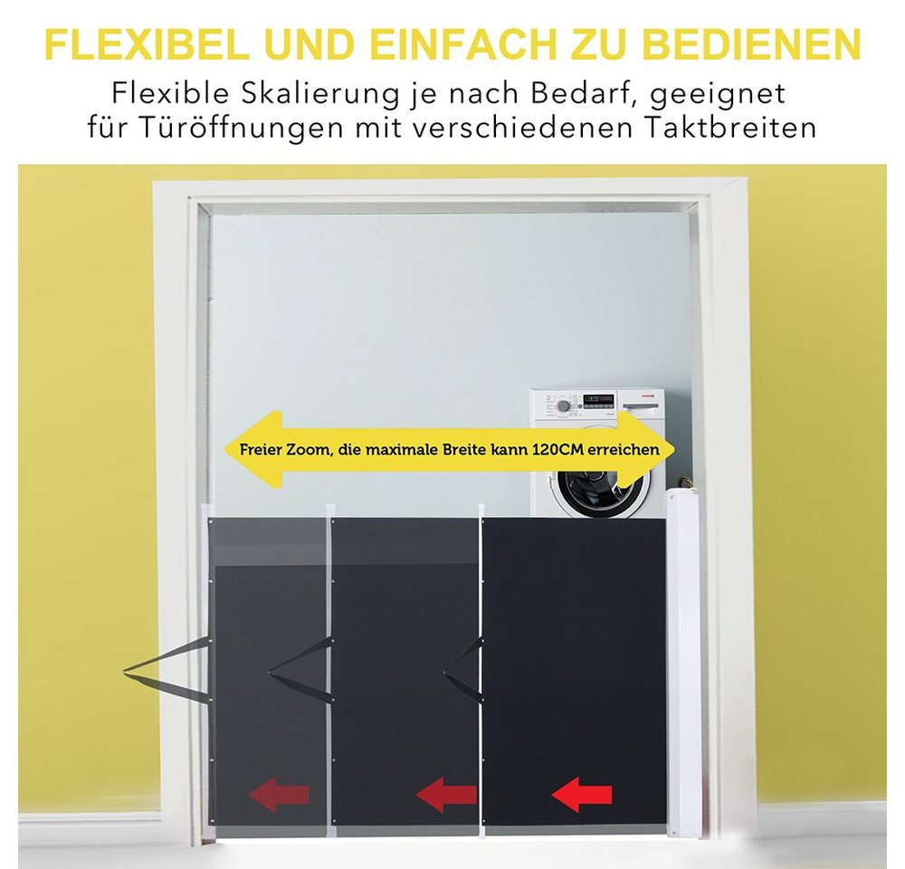 Melko Treppenschutzgitter Treppenschutzgitter ausrollbar bis 120 cm, 80 cm hoch, Wandmontage (Einzelset, 1 St., Set bestehend aus Treppenschutzgitter mit Befestigungsmaterial), Platzsparendes, ausziehbares Sicherheitsgitter für Türen und Treppen