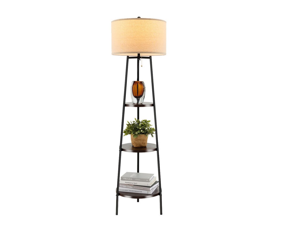 COSTWAY Stehlampe, ohne Leuchtmittel, 153cm, 3 Holzregale, Leinen Lampenschirm