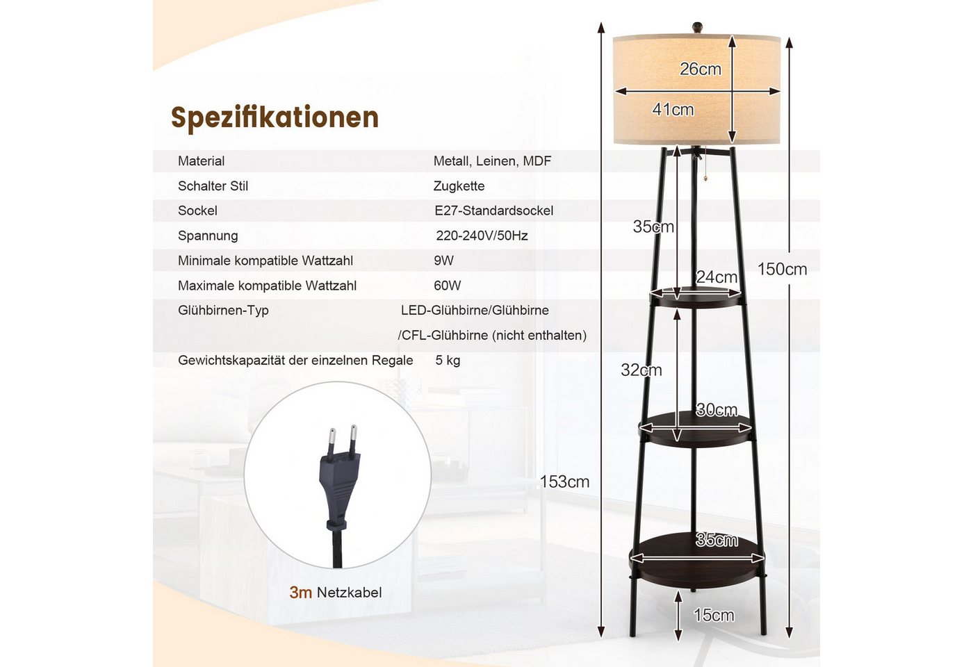 COSTWAY Stehlampe, ohne Leuchtmittel, 153cm, 3 Holzregale, Leinen Lampenschirm Bild 2