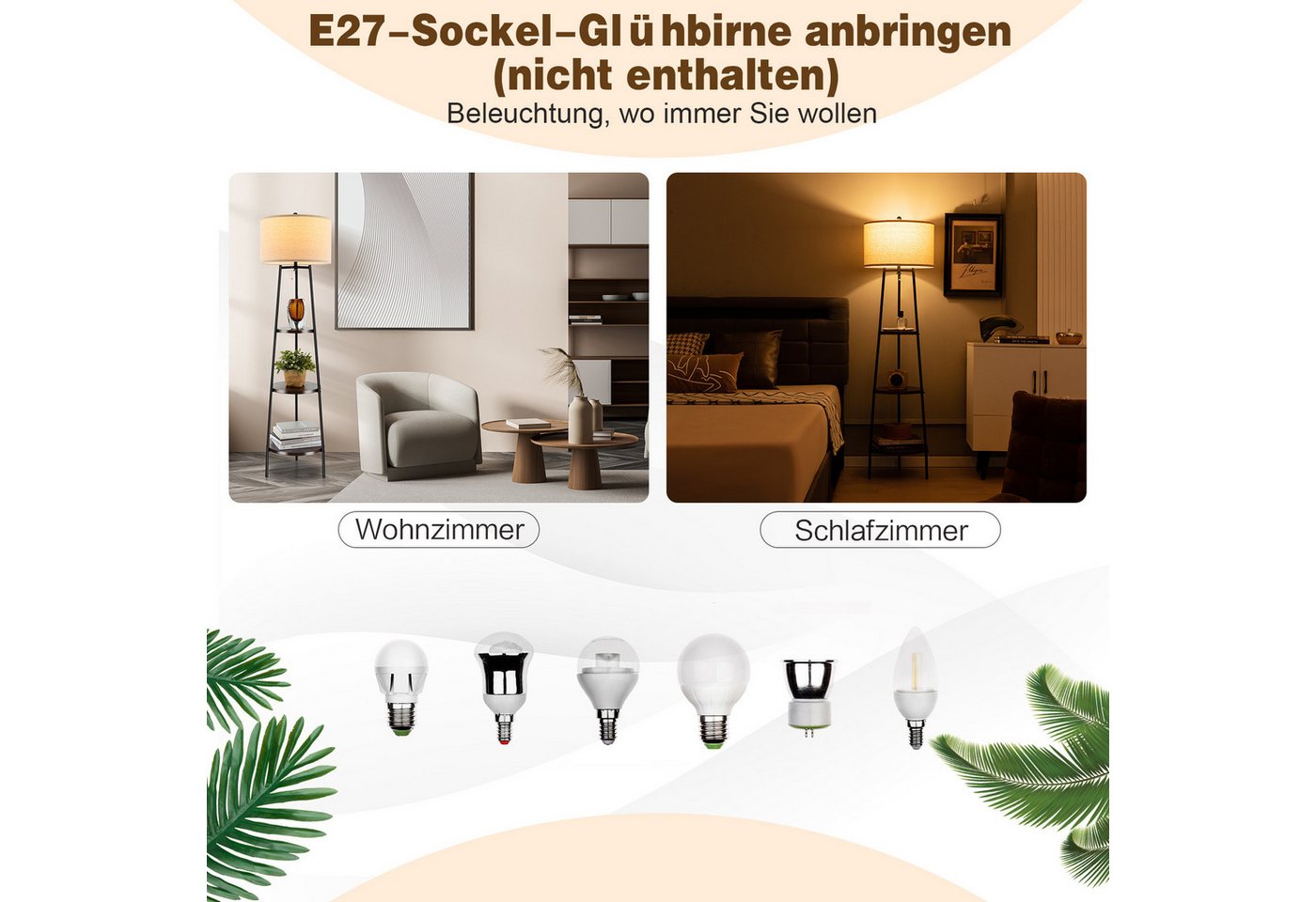 COSTWAY Stehlampe, ohne Leuchtmittel, 153cm, 3 Holzregale, Leinen Lampenschirm Bild 4