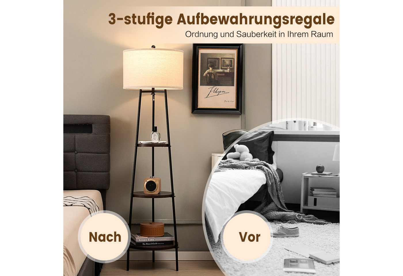 COSTWAY Stehlampe, ohne Leuchtmittel, 153cm, 3 Holzregale, Leinen Lampenschirm Bild 5