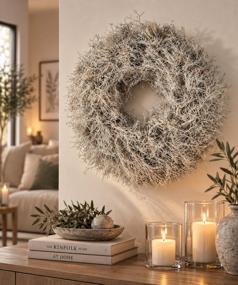 finehomegarden Dekokranz Iron Busch Kranz Ø35 cm Weiß Dekorativer Naturkranz als Türkranz Deko, Wandkranz & Tischdeko – Rustikale Herbstdekoration Bild 4