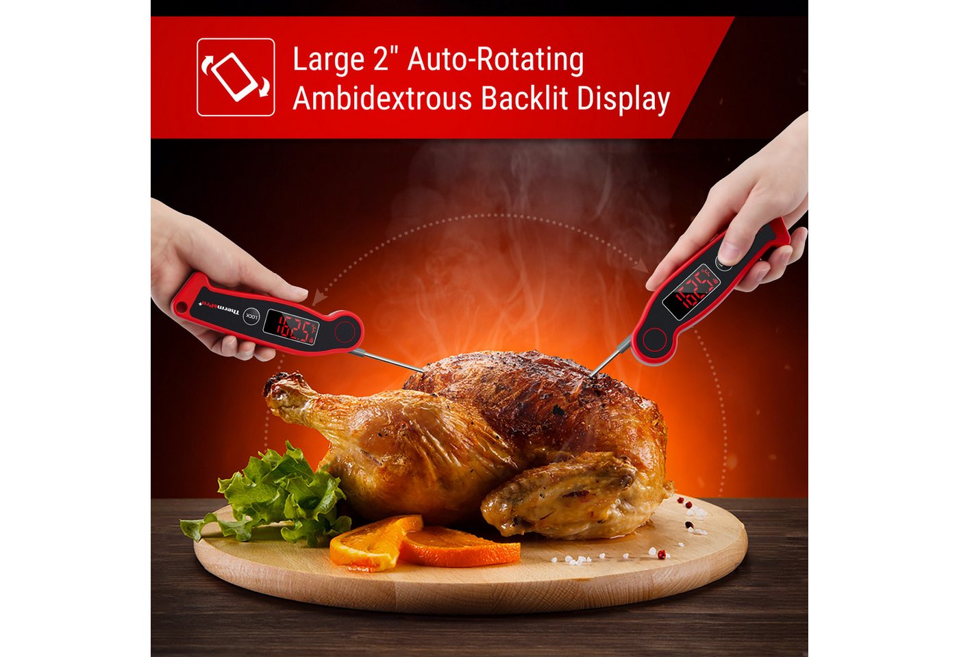 ThermoPro Grillthermometer TP19, Klappsonde, drehbare LED-Anzeige, Hold-Funktion, Kalibrierung