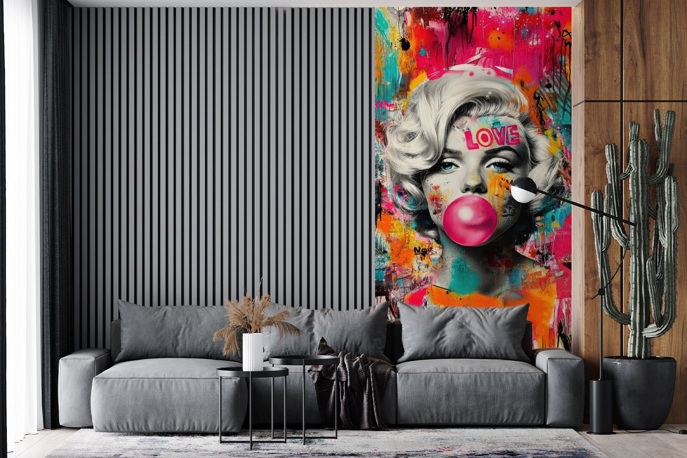 MuchoWow Fototapete Frau - Kaugummi - Graffiti - Neonfarben, Matt, bedruckt, Vliestapete für Wohnzimmer Schlafzimmer Küche, Fototapete, 120x240 cm