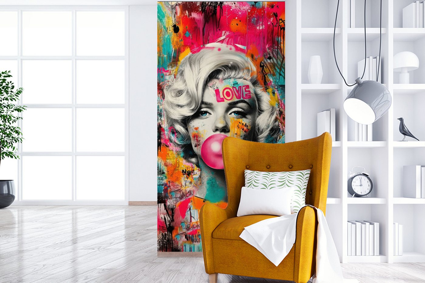 MuchoWow Fototapete Frau - Kaugummi - Graffiti - Neonfarben, Matt, bedruckt, Vliestapete für Wohnzimmer Schlafzimmer Küche, Fototapete, 120x240 cm Bild 2