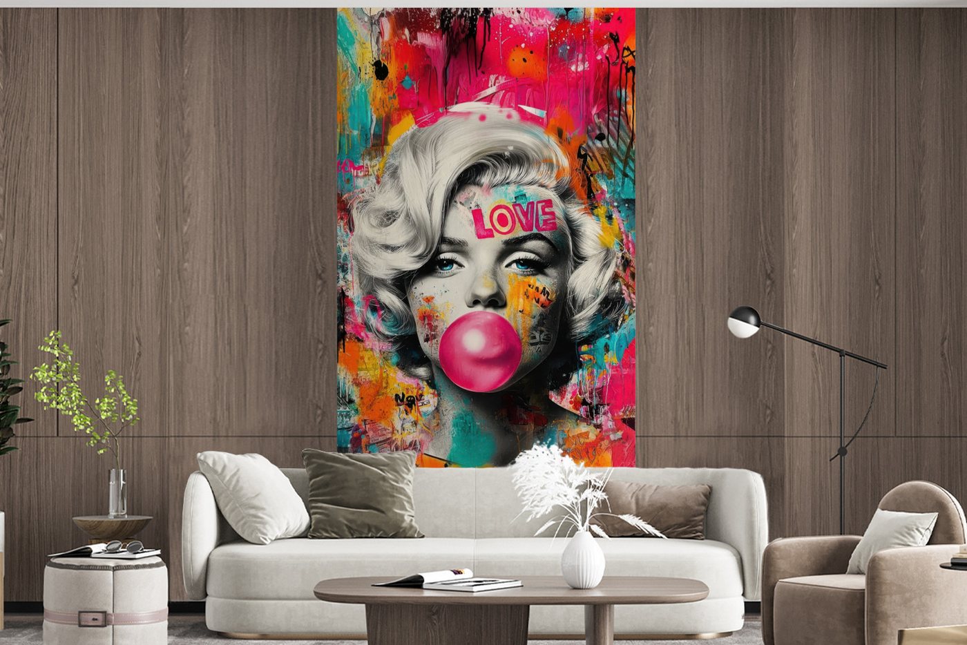 MuchoWow Fototapete Frau - Kaugummi - Graffiti - Neonfarben, Matt, bedruckt, Vliestapete für Wohnzimmer Schlafzimmer Küche, Fototapete, 120x240 cm Bild 3