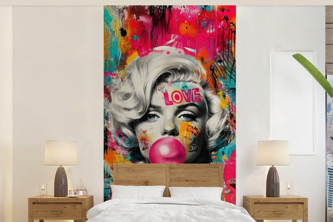 MuchoWow Fototapete Frau - Kaugummi - Graffiti - Neonfarben, Matt, bedruckt, Vliestapete für Wohnzimmer Schlafzimmer Küche, Fototapete, 120x240 cm Bild 4
