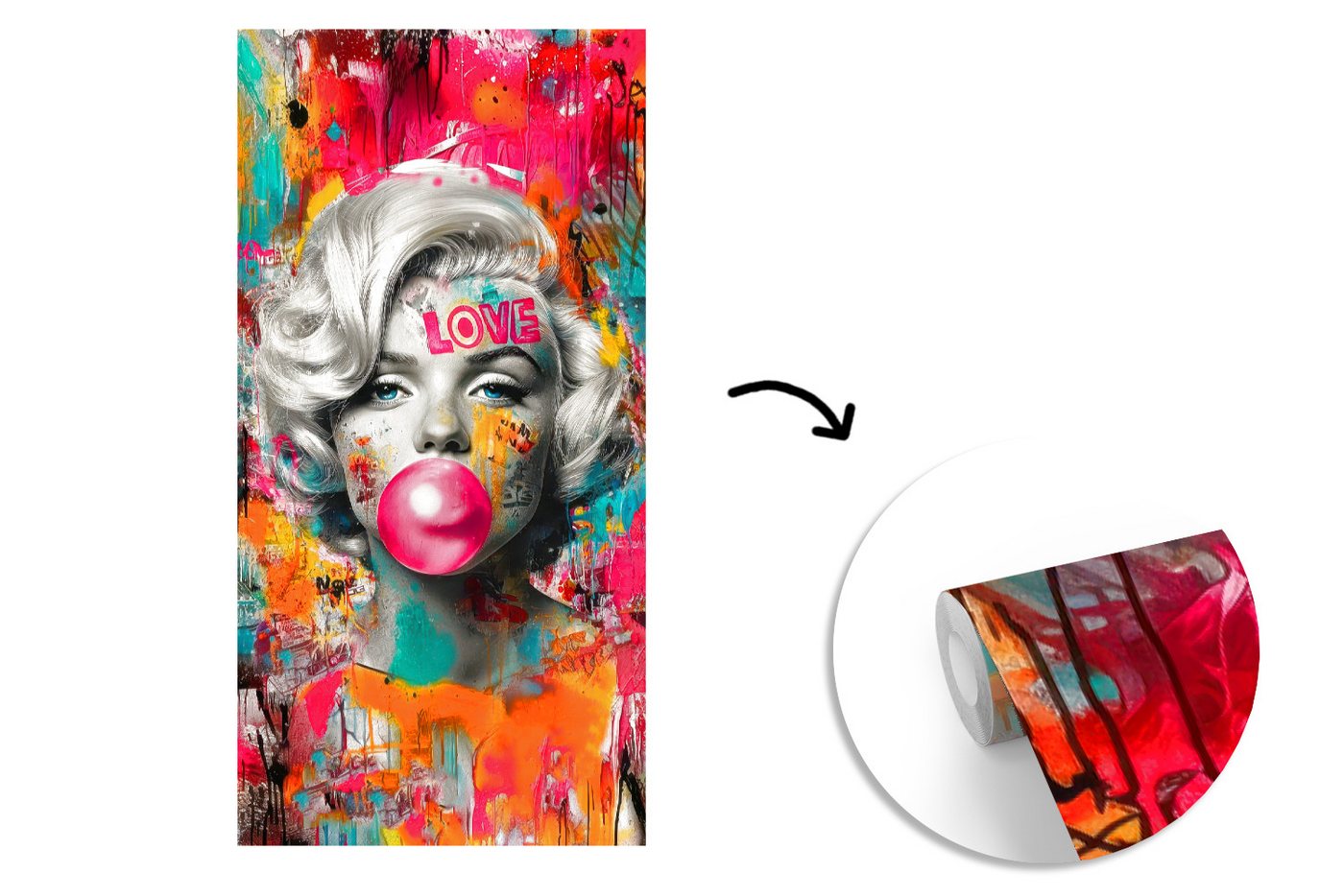 MuchoWow Fototapete Frau - Kaugummi - Graffiti - Neonfarben, Matt, bedruckt, Vliestapete für Wohnzimmer Schlafzimmer Küche, Fototapete, 120x240 cm Bild 5