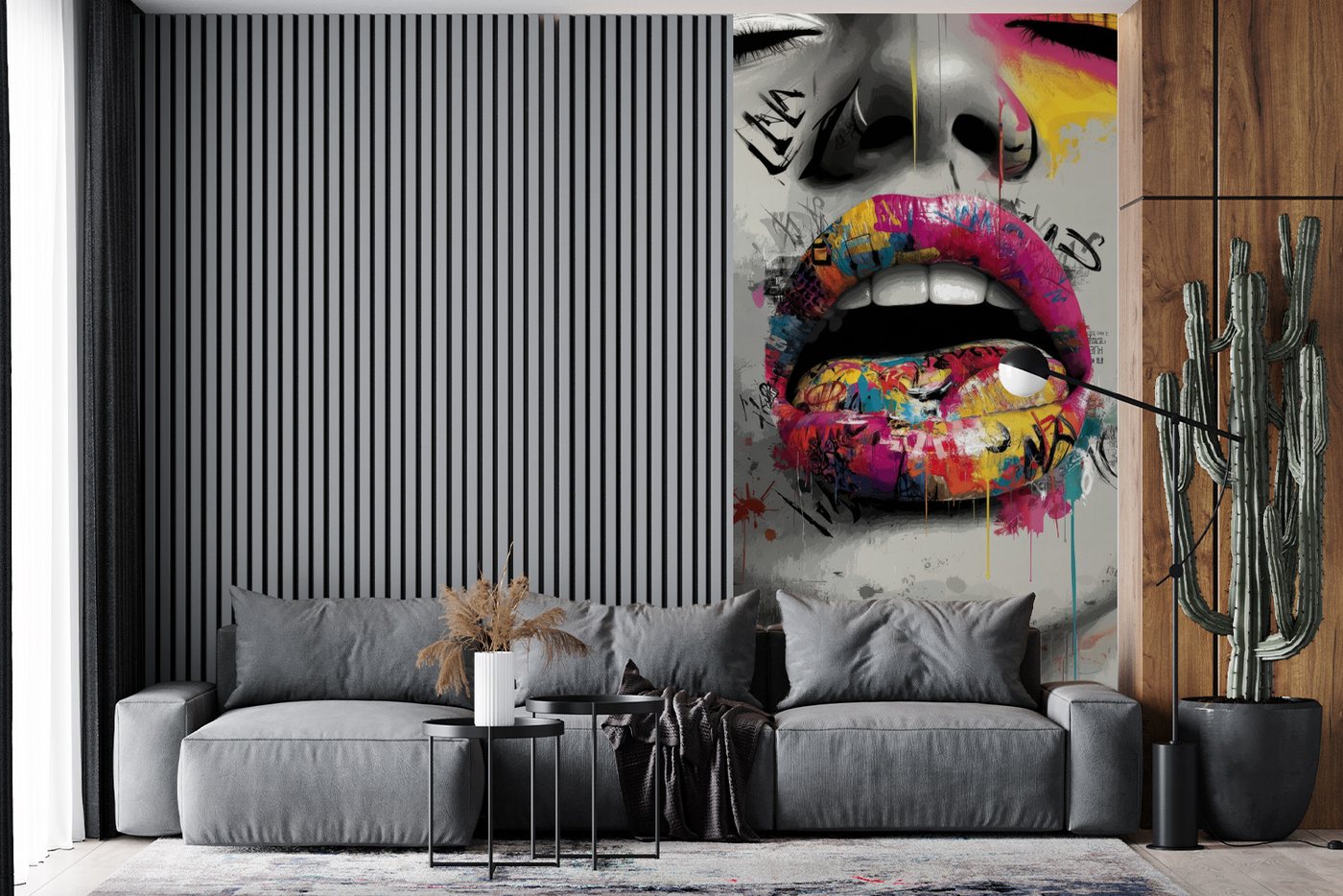 MuchoWow Fototapete Lippen - Graffiti - Ausdrucksstark, Matt, bedruckt, Vliestapete für Wohnzimmer Schlafzimmer Küche, Fototapete, 120x240 cm