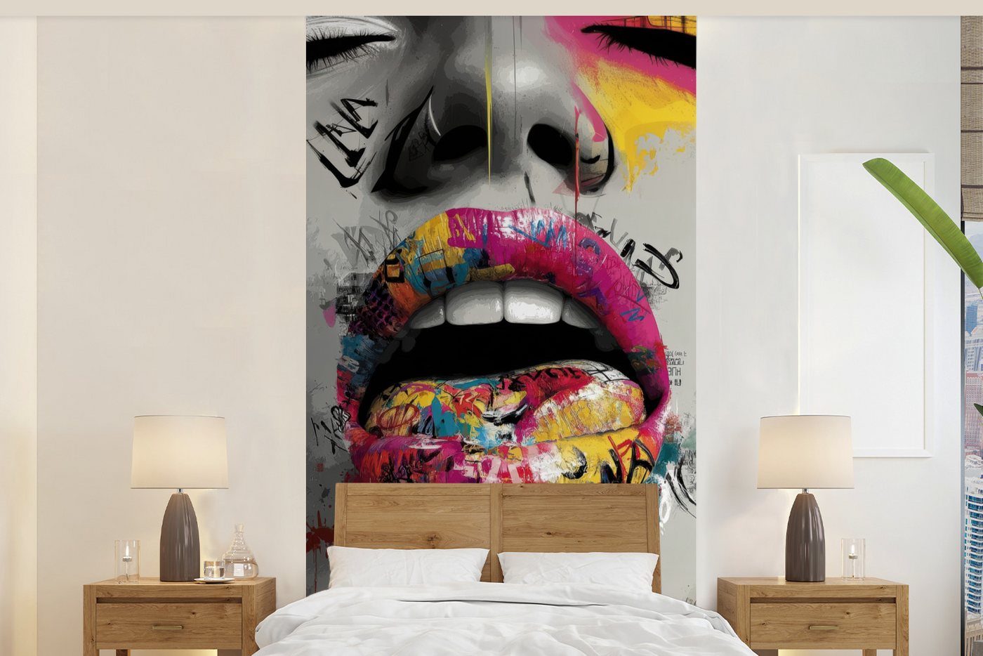 MuchoWow Fototapete Lippen - Graffiti - Ausdrucksstark, Matt, bedruckt, Vliestapete für Wohnzimmer Schlafzimmer Küche, Fototapete, 120x240 cm Bild 2