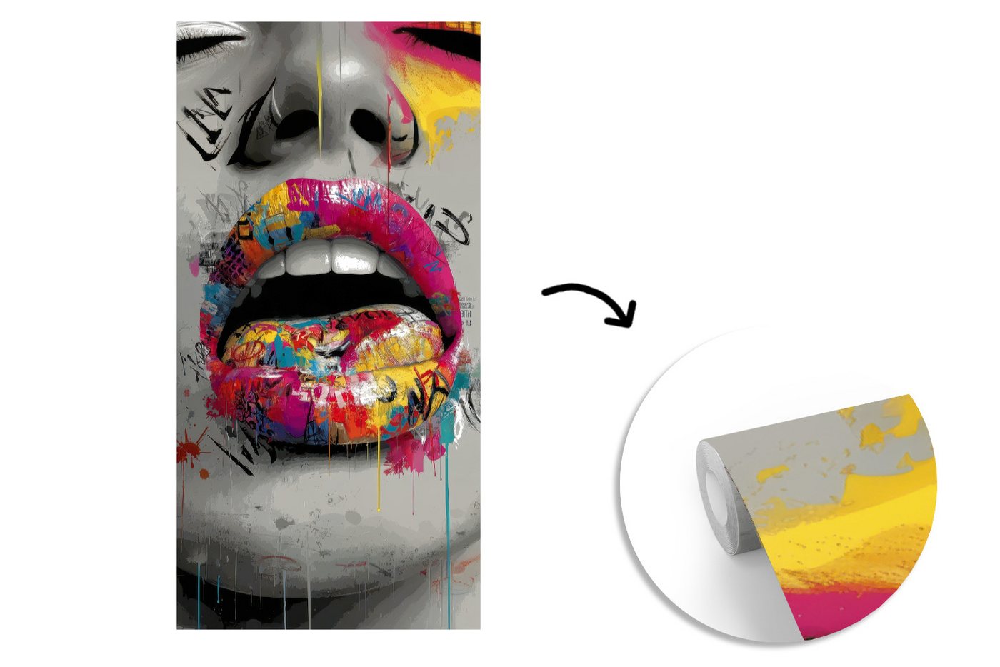 MuchoWow Fototapete Lippen - Graffiti - Ausdrucksstark, Matt, bedruckt, Vliestapete für Wohnzimmer Schlafzimmer Küche, Fototapete, 120x240 cm Bild 3