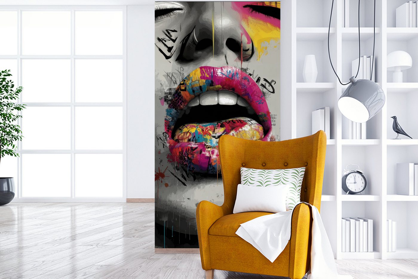 MuchoWow Fototapete Lippen - Graffiti - Ausdrucksstark, Matt, bedruckt, Vliestapete für Wohnzimmer Schlafzimmer Küche, Fototapete, 120x240 cm Bild 4