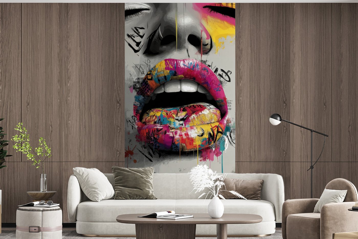 MuchoWow Fototapete Lippen - Graffiti - Ausdrucksstark, Matt, bedruckt, Vliestapete für Wohnzimmer Schlafzimmer Küche, Fototapete, 120x240 cm Bild 5