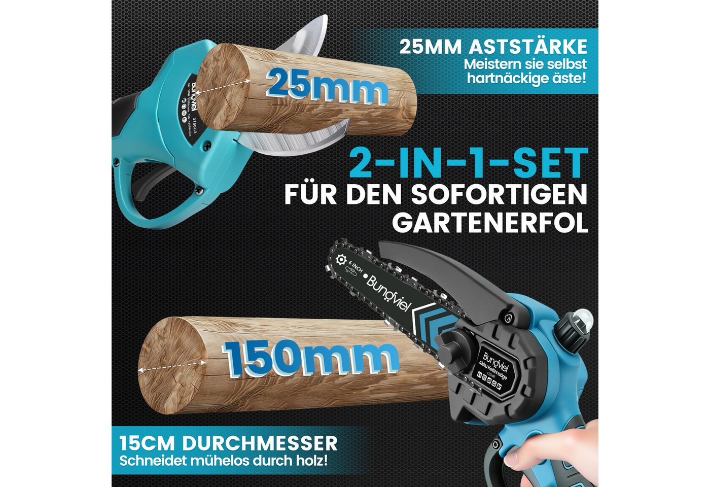 Bundviel Elektro-Kettensäge Akku Kettensäge 4IN1 Elektro Teleskop Astsäge Astschere Bild 4