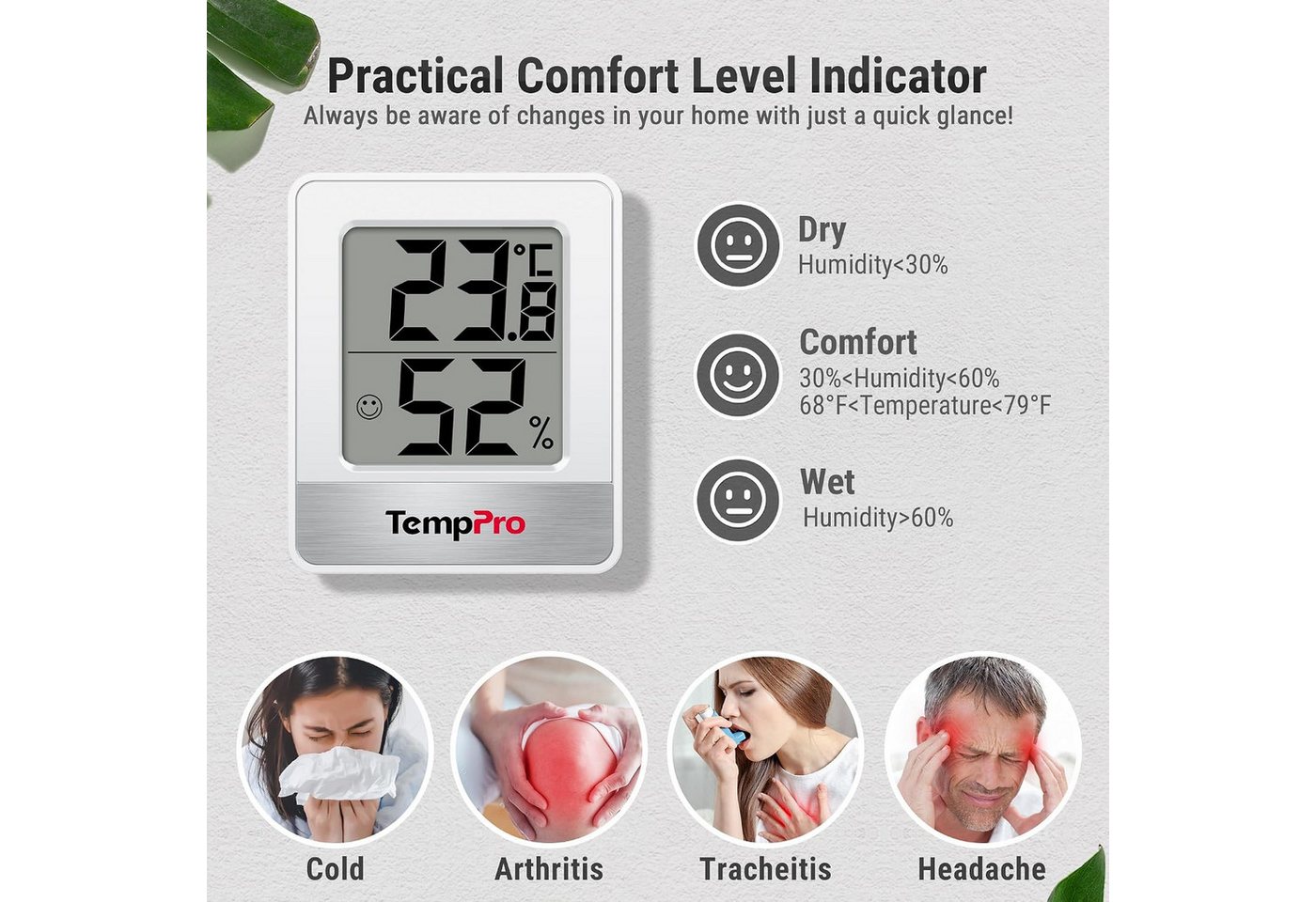 ThermoPro Hygrometer TP49, (Packung, 3-St), Komfortindikator, Magnetrückseite, Standfuß, Aufhängeöffnung Bild 4