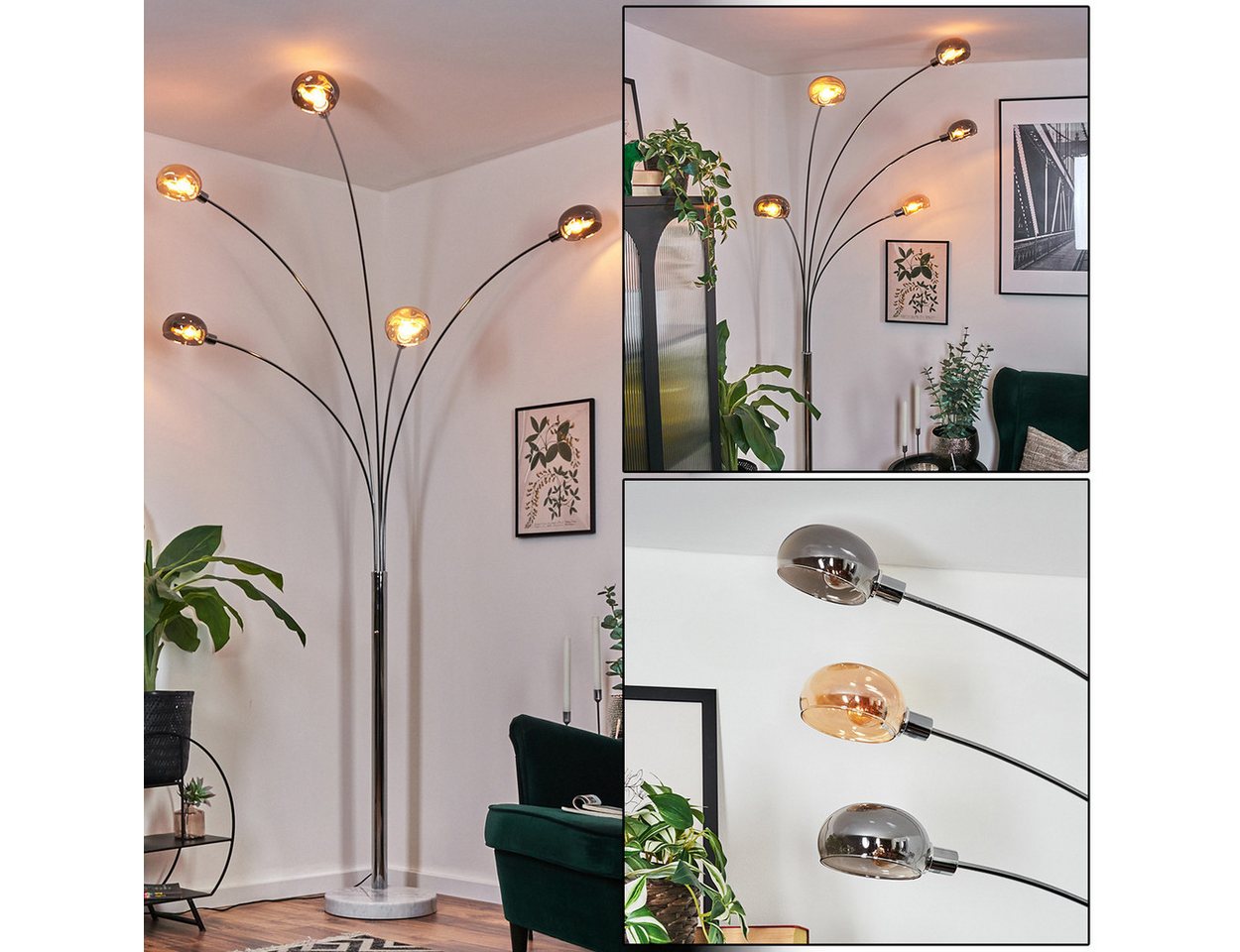 hofstein Stehlampe Stehlampe aus Metall in Weiß/Chrom/Rauch/Bernstein, Retro-Design, verstellbare Stehleuchte mit Marmorfuß und Schalter am Gehäuse, E14
