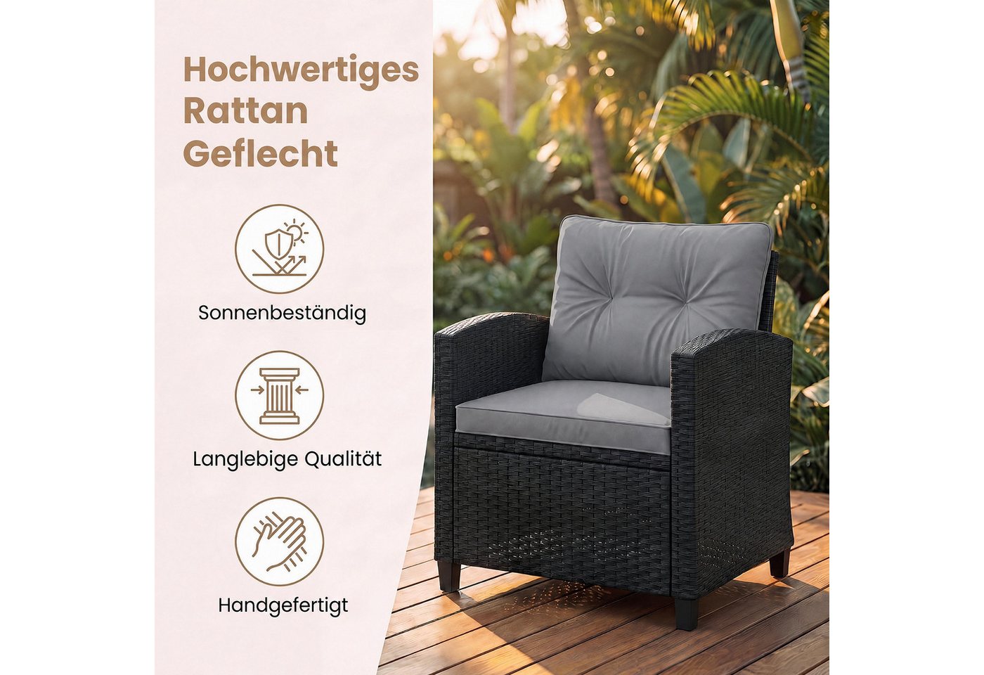 KOMFOTTEU Balkonset, (3-tlg), Kaffeetisch aus gehärtetem Glas & 2 Armlehnstühlen Bild 4