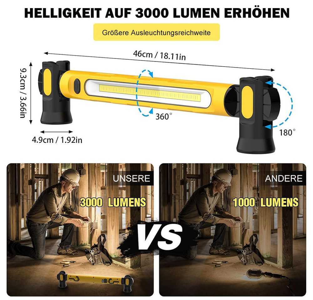 AFKSMILE LED Arbeitsleuchte LED Arbeitsleuchte mit Magnet & Haken, Werkstattlampe 3000LM, IP54 Wasserdicht für Auto-Reparatur, Camping, Baustelle, Garage Bild 3