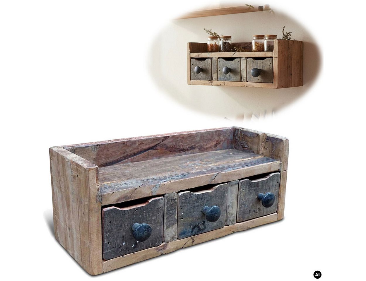 LS-LebenStil Küchenregal Vintage Dehli 35cm hängend Gewürzregal Wandregal Wandboard, Schlüsselkasten Schubladenregal Hängeregal 1-tlg., 3 Schubladen, auch freistehend als kleine Kommde