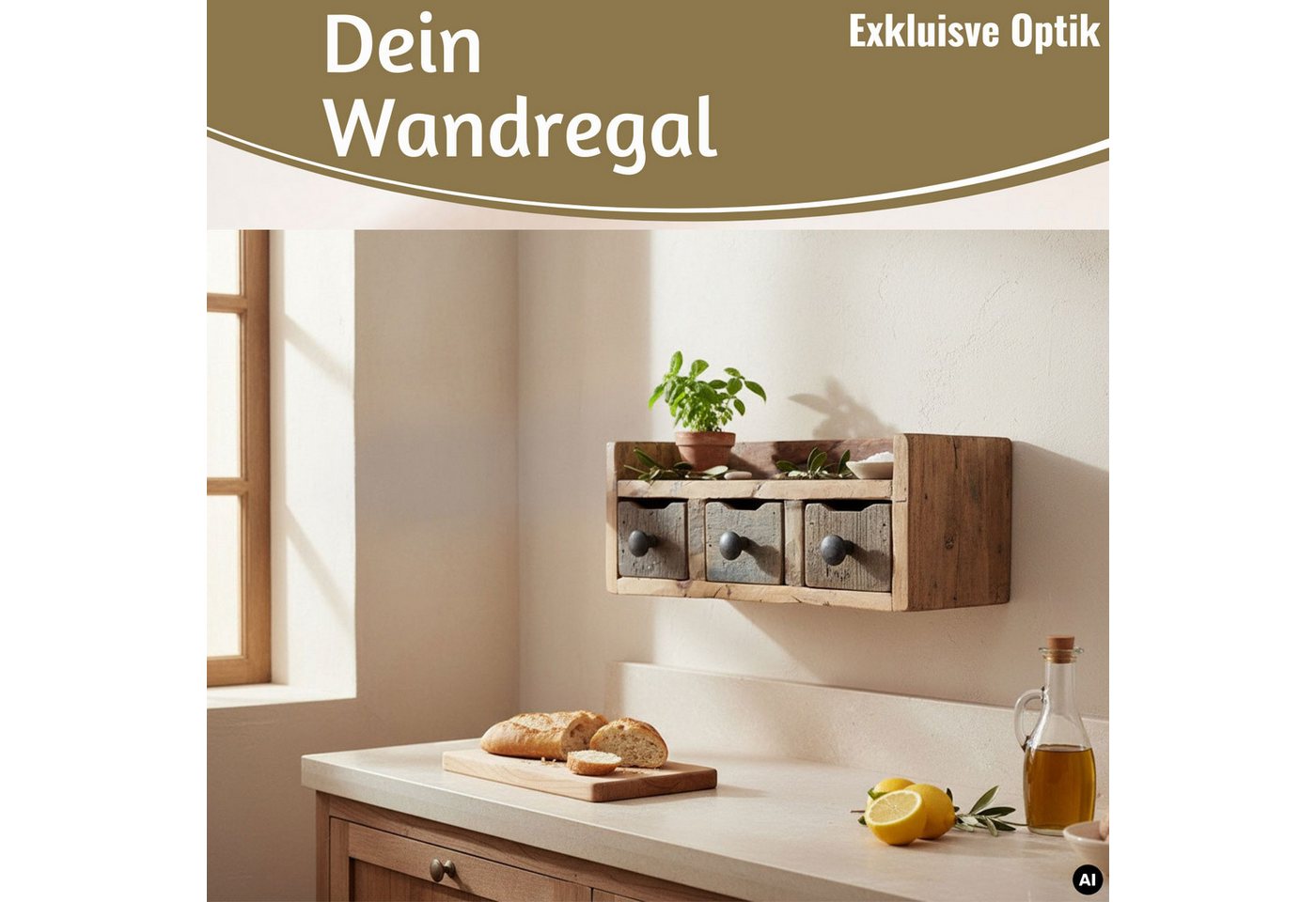 LS-LebenStil Küchenregal Vintage Dehli 35cm hängend Gewürzregal Wandregal Wandboard, Schlüsselkasten Schubladenregal Hängeregal 1-tlg., 3 Schubladen, auch freistehend als kleine Kommde Bild 2