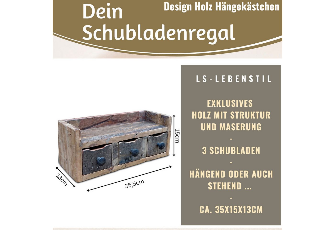 LS-LebenStil Küchenregal Vintage Dehli 35cm hängend Gewürzregal Wandregal Wandboard, Schlüsselkasten Schubladenregal Hängeregal 1-tlg., 3 Schubladen, auch freistehend als kleine Kommde Bild 3