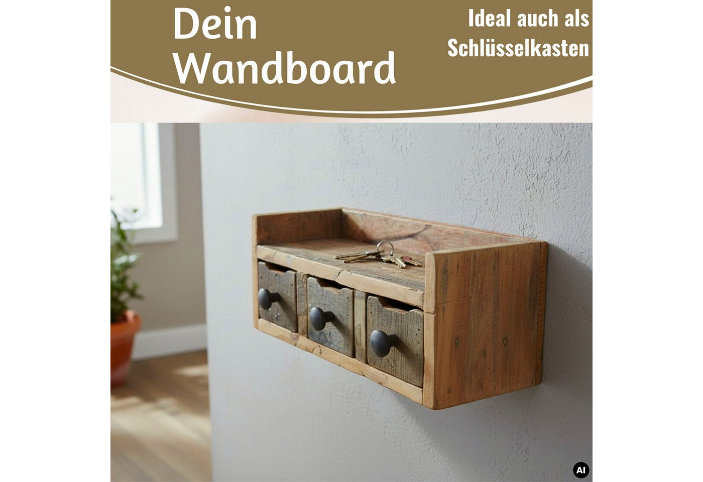 LS-LebenStil Küchenregal Vintage Dehli 35cm hängend Gewürzregal Wandregal Wandboard, Schlüsselkasten Schubladenregal Hängeregal 1-tlg., 3 Schubladen, auch freistehend als kleine Kommde Bild 4