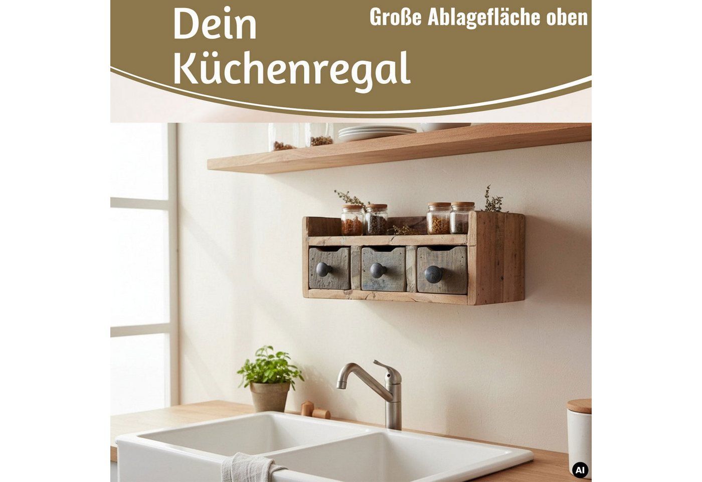 LS-LebenStil Küchenregal Vintage Dehli 35cm hängend Gewürzregal Wandregal Wandboard, Schlüsselkasten Schubladenregal Hängeregal 1-tlg., 3 Schubladen, auch freistehend als kleine Kommde Bild 5