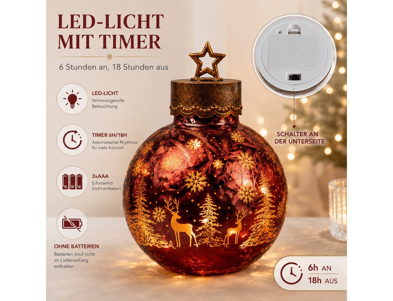 formano LED Dekolicht LED Deko-Kugel Frosty-Mahagoni 35 cm mit Timer 6h/18h Weihnachten, LED fest integriert Bild 3