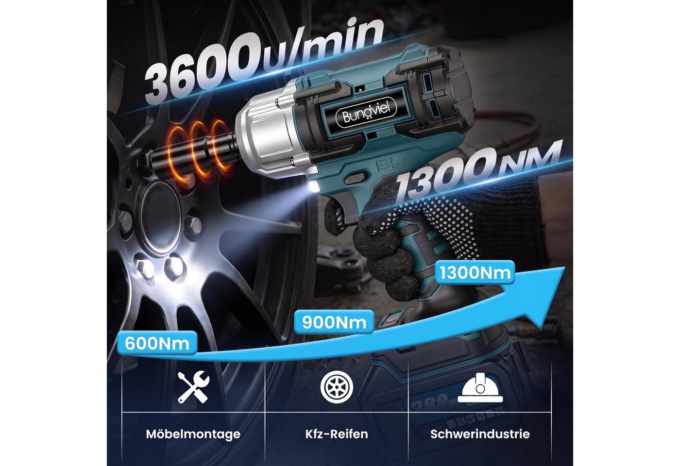 Bundviel Akku-Schlagschrauber 1300Nm 1/2" Bürstenloser Elektro Schlagschrauber 3-in-1 Bohrmaschine, 3600 U/min, 1300 Nm, 5 in 1 Elektro-Schlagschrauber für Reparaturen und Heimwerken