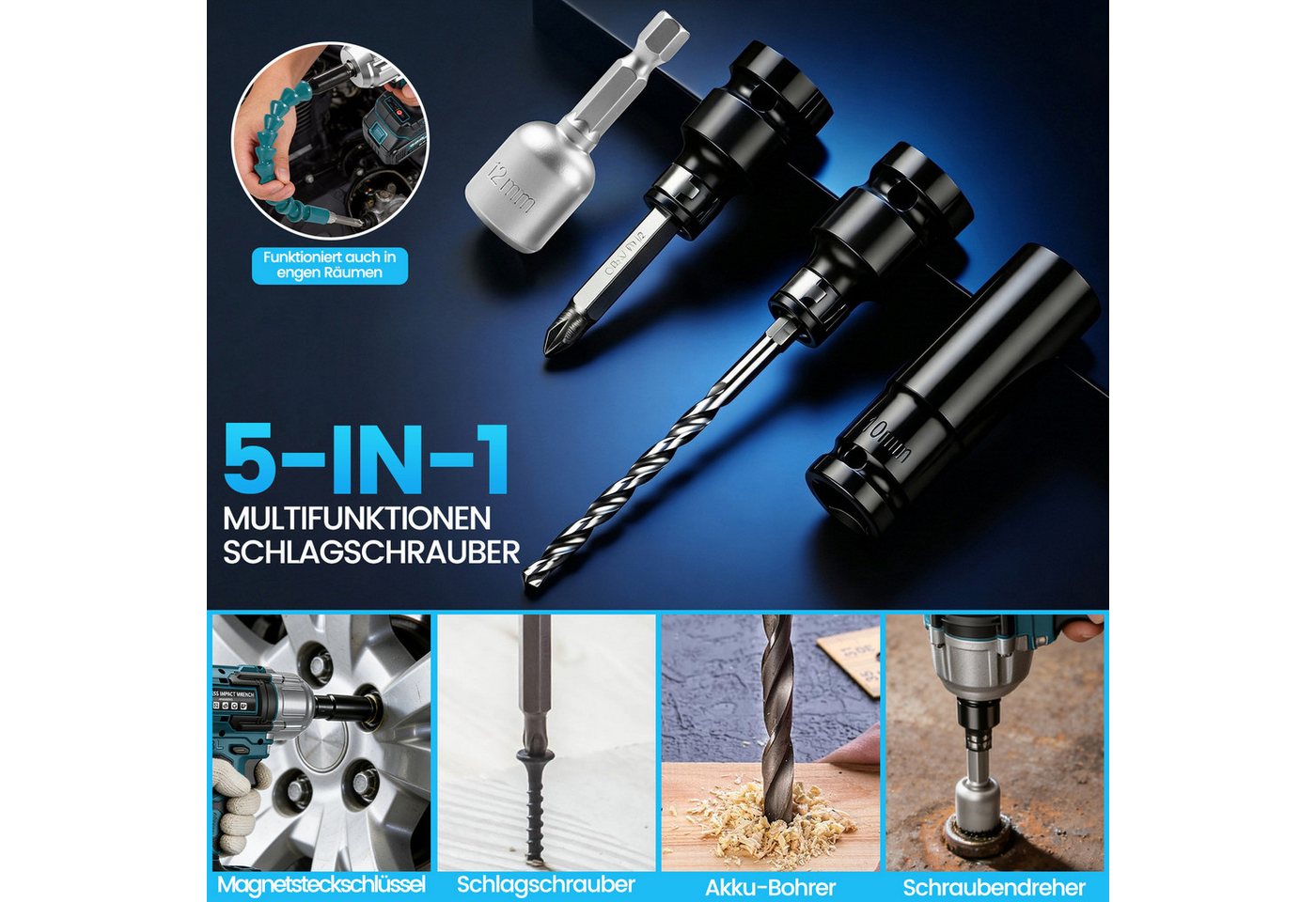 Bundviel Akku-Schlagschrauber 1300Nm 1/2" Bürstenloser Elektro Schlagschrauber 3-in-1 Bohrmaschine, 3600 U/min, 1300 Nm, 5 in 1 Elektro-Schlagschrauber für Reparaturen und Heimwerken Bild 4