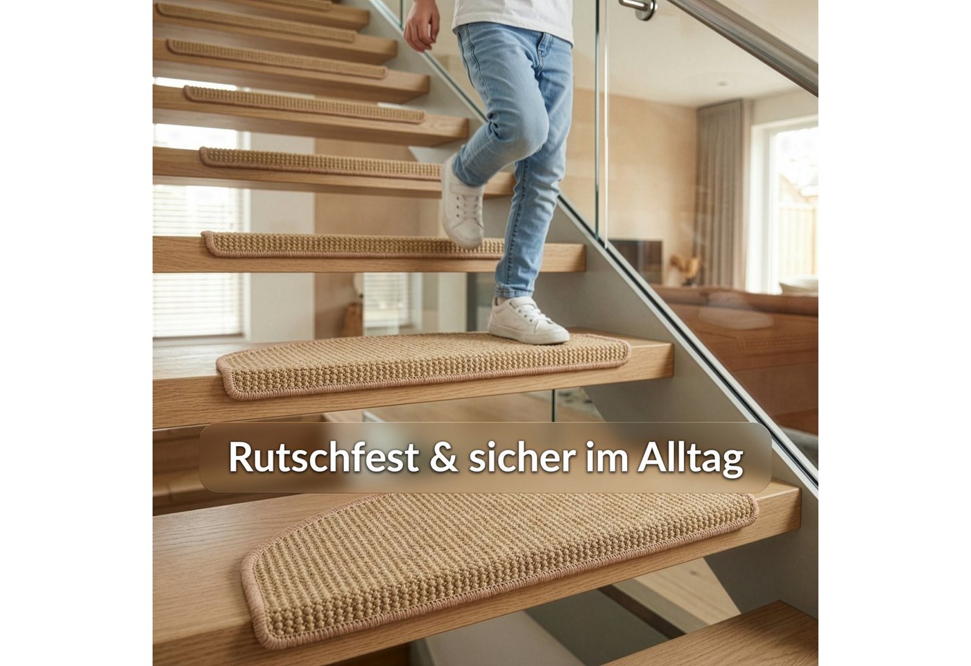 Floordirekt Stufenmatte Pearl, Sisal Treppenauflage halbrund, rutschhemmend, gekettelt, Halbrund, Mit Winkelprofil, Selbstklebend, Schalldämmend Bild 4