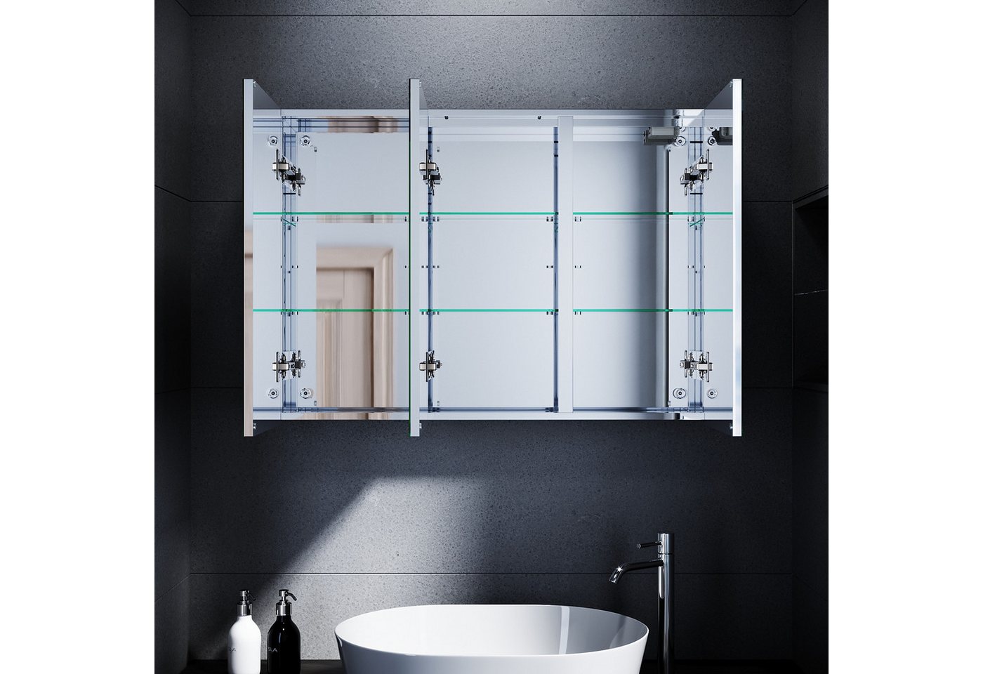 SONNI Badezimmerspiegelschrank Edelstahl Spiegelschrank bad mit beleuchtung 90x65x13cm mit Steckdose und Touchschalter Kalt/Warm/Neutral Licht, dimmbar Bild 4