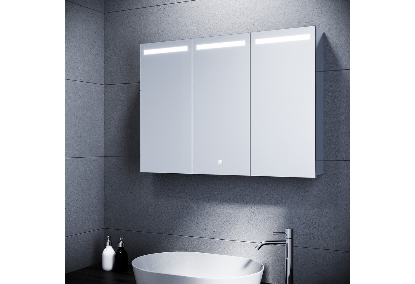 SONNI Badezimmerspiegelschrank Edelstahl Spiegelschrank bad mit beleuchtung 90x65x13cm mit Steckdose und Touchschalter Kalt/Warm/Neutral Licht, dimmbar Bild 5