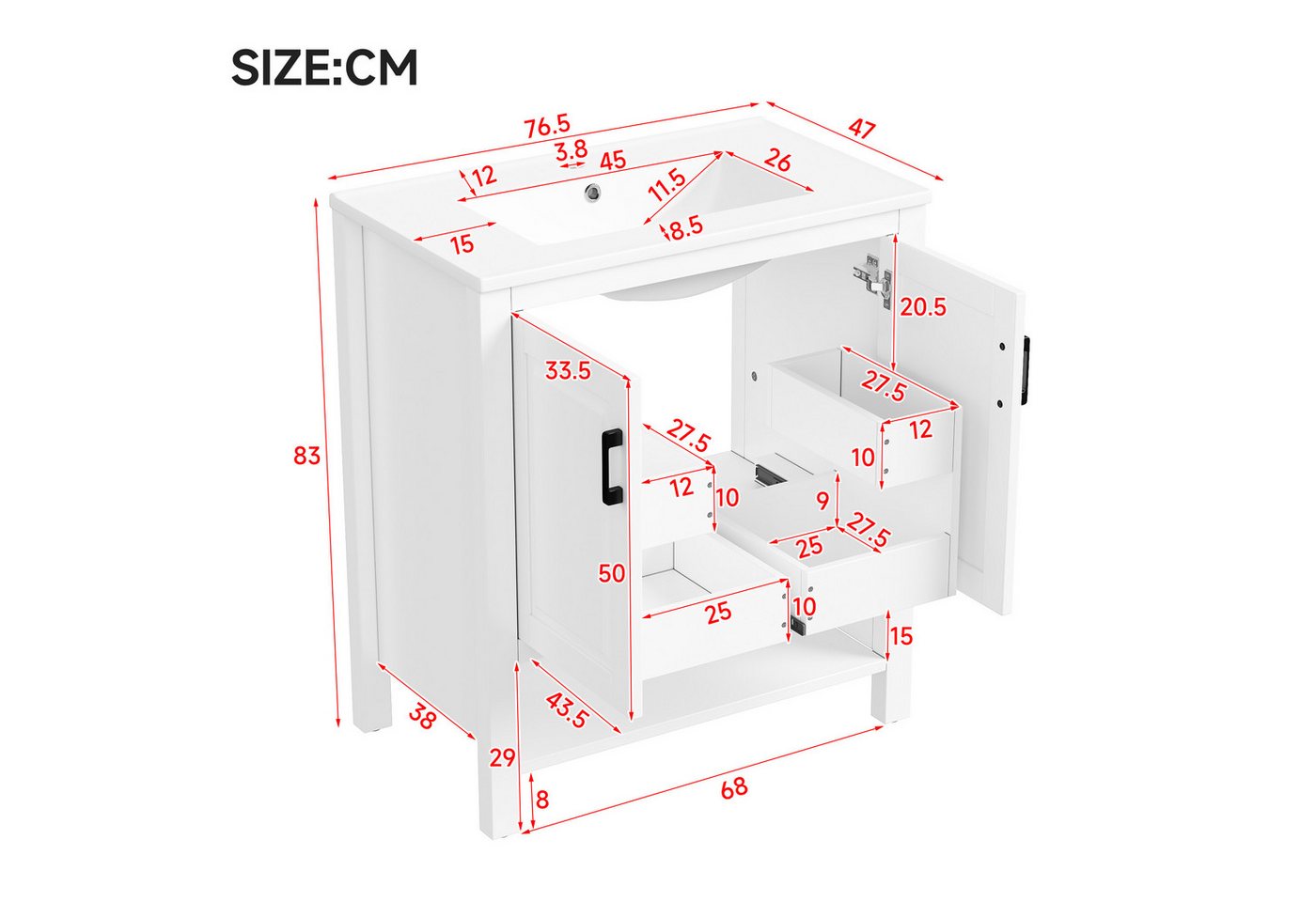 Flieks Waschtisch mit beweglicher Türregalen, Waschbeckenunterschrank mit Waschbecken (B76,5/T47/H83 cm, 1-St., bodenstehender, Regale mit Gleitschienen), Badezimmerschrank mit Keramikbecken Badmöbel Volllackierung Weiß