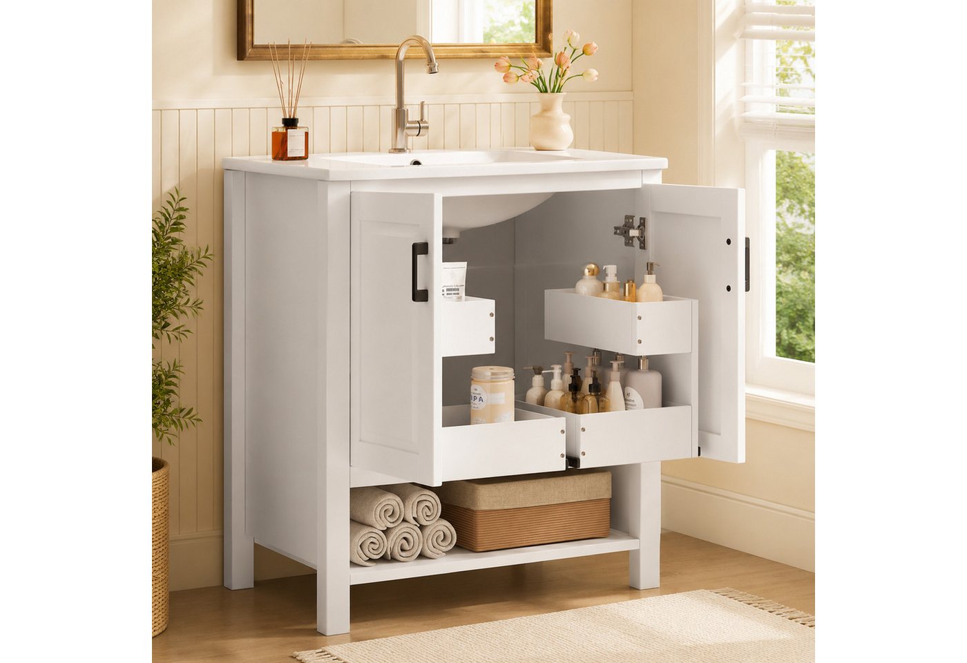 Flieks Waschtisch mit beweglicher Türregalen, Waschbeckenunterschrank mit Waschbecken (B76,5/T47/H83 cm, 1-St., bodenstehender, Regale mit Gleitschienen), Badezimmerschrank mit Keramikbecken Badmöbel Volllackierung Weiß Bild 3