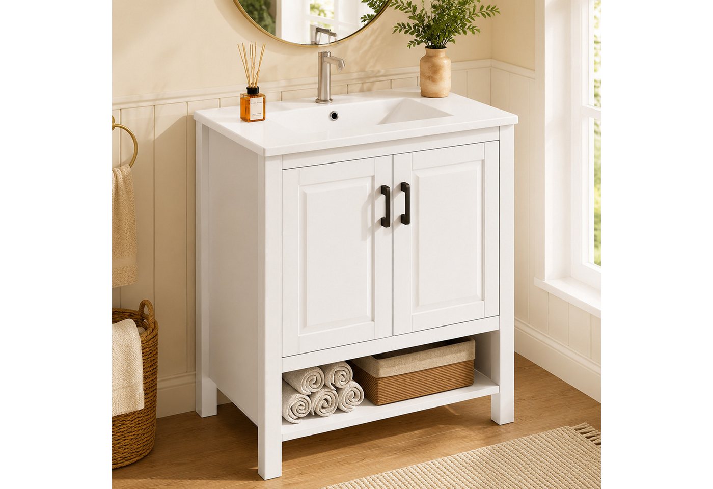 Flieks Waschtisch mit beweglicher Türregalen, Waschbeckenunterschrank mit Waschbecken (B76,5/T47/H83 cm, 1-St., bodenstehender, Regale mit Gleitschienen), Badezimmerschrank mit Keramikbecken Badmöbel Volllackierung Weiß Bild 4
