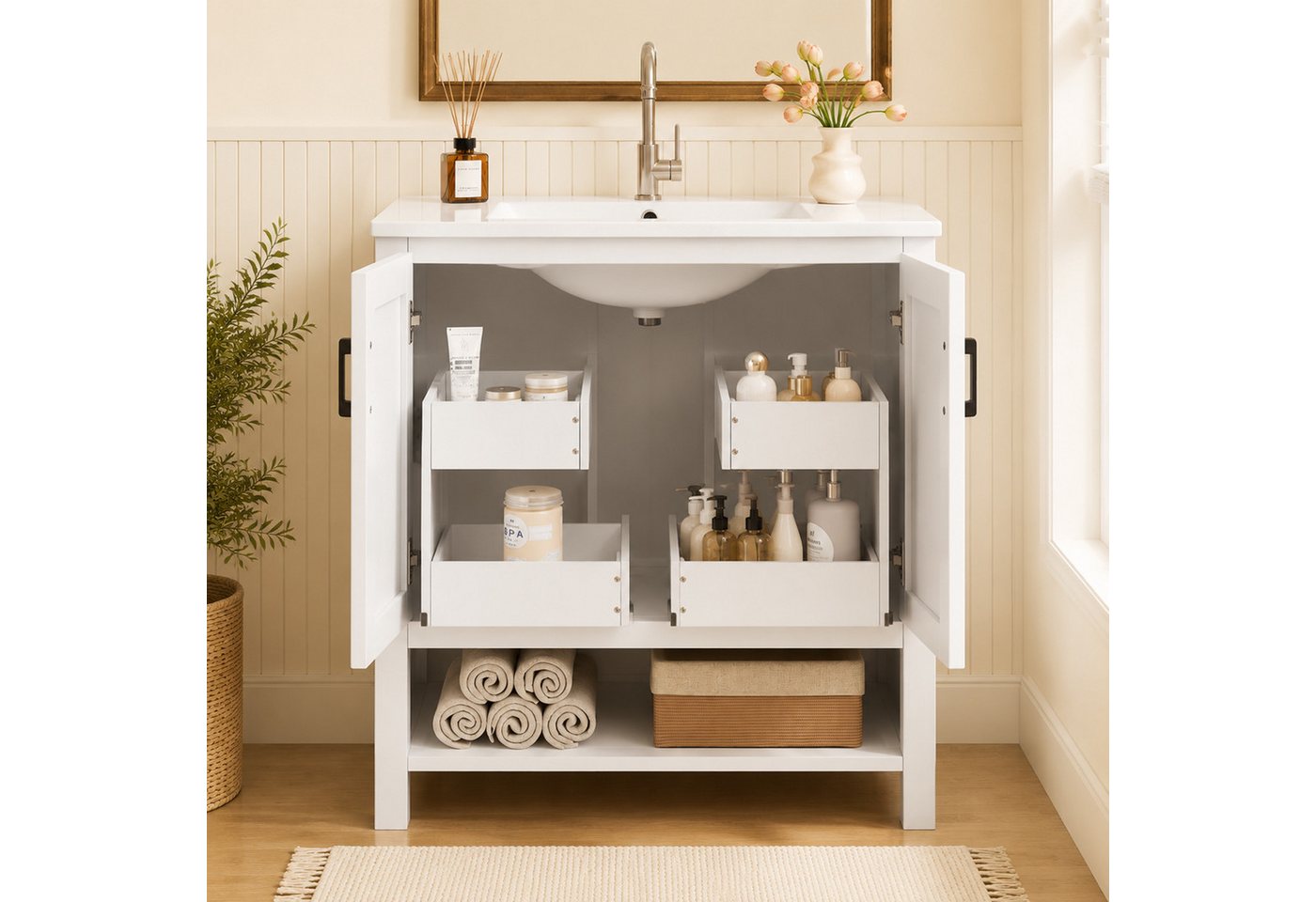 Flieks Waschtisch mit beweglicher Türregalen, Waschbeckenunterschrank mit Waschbecken (B76,5/T47/H83 cm, 1-St., bodenstehender, Regale mit Gleitschienen), Badezimmerschrank mit Keramikbecken Badmöbel Volllackierung Weiß Bild 5