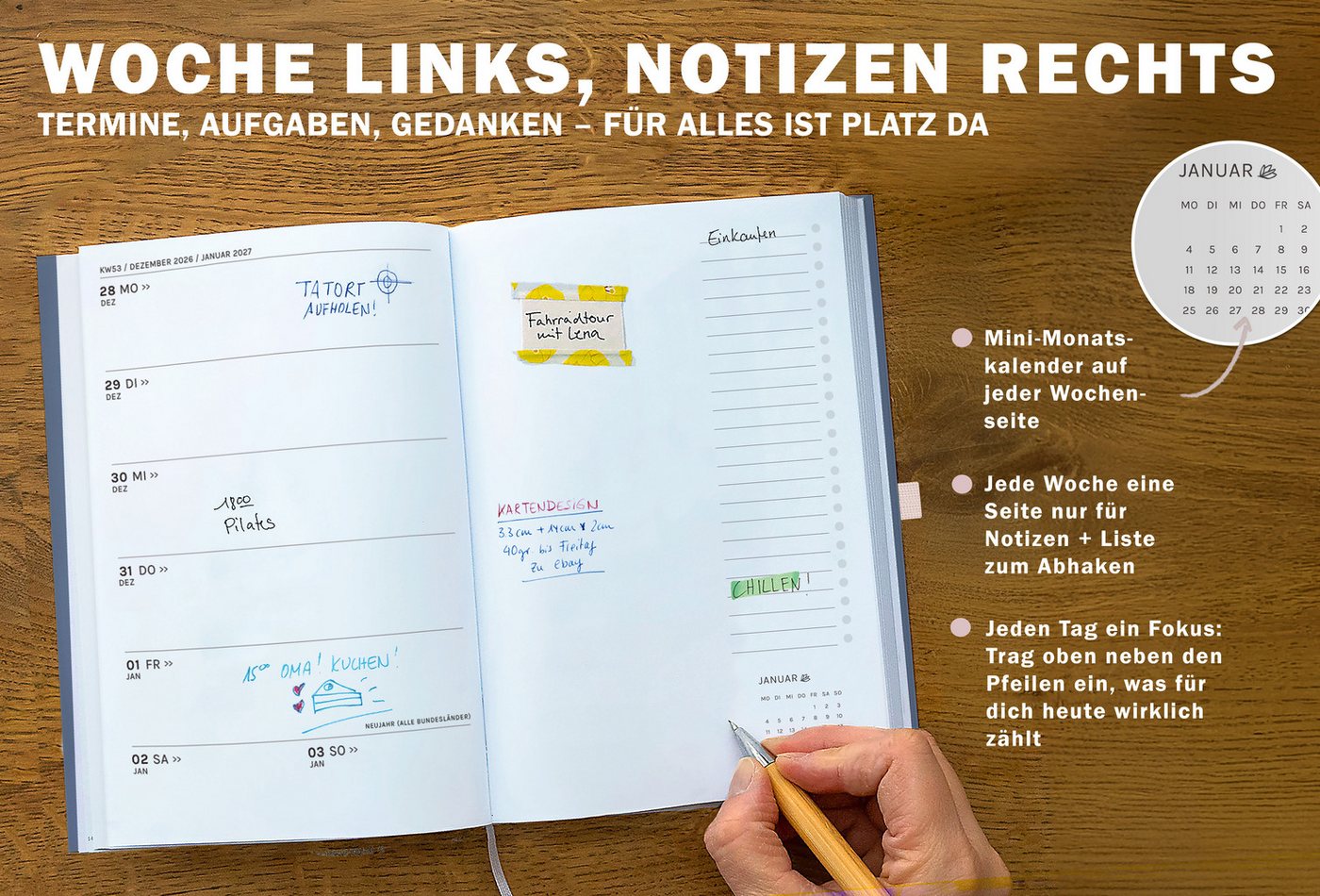 Eine der Guten Verlag Terminkalender Terminplaner 2027 - A5, blau rosa, 1 Doppelseite / Woche, FSC-Papier, Hardcover, Gummiband, Stiftschlaufe
