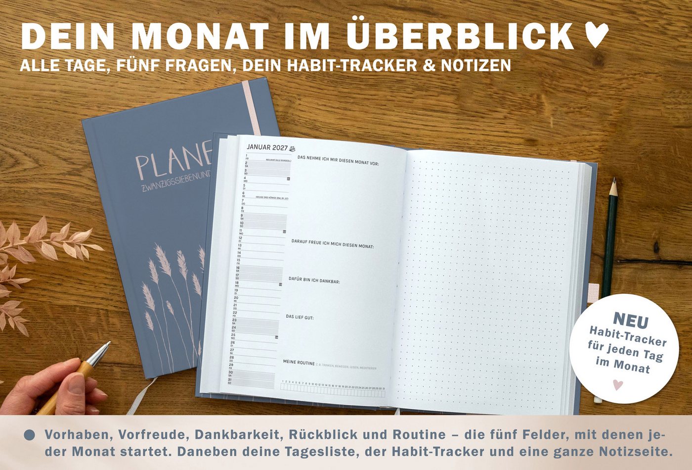 Eine der Guten Verlag Terminkalender Terminplaner 2027 - A5, blau rosa, 1 Doppelseite / Woche, FSC-Papier, Hardcover, Gummiband, Stiftschlaufe Bild 2