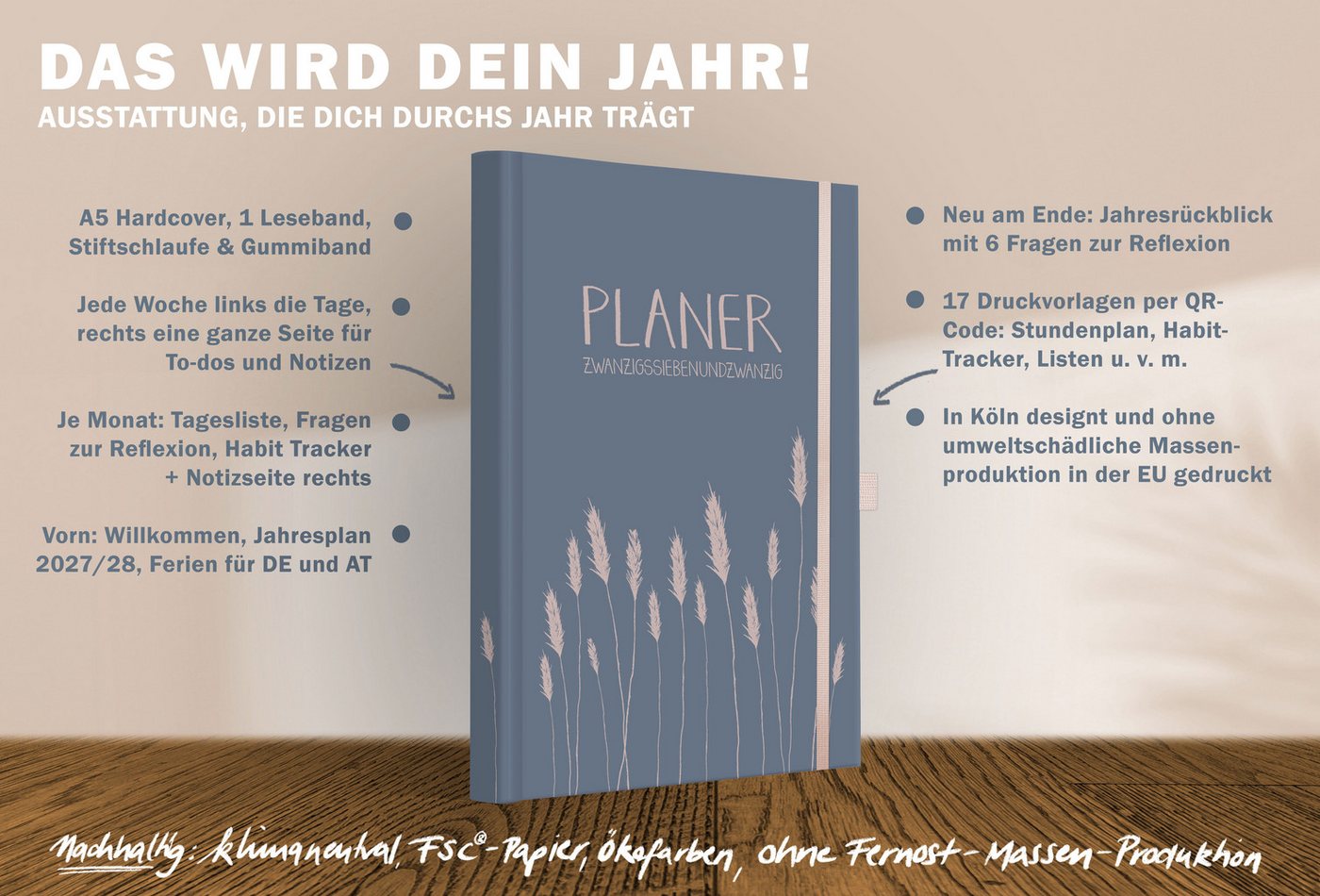 Eine der Guten Verlag Terminkalender Terminplaner 2027 - A5, blau rosa, 1 Doppelseite / Woche, FSC-Papier, Hardcover, Gummiband, Stiftschlaufe Bild 3