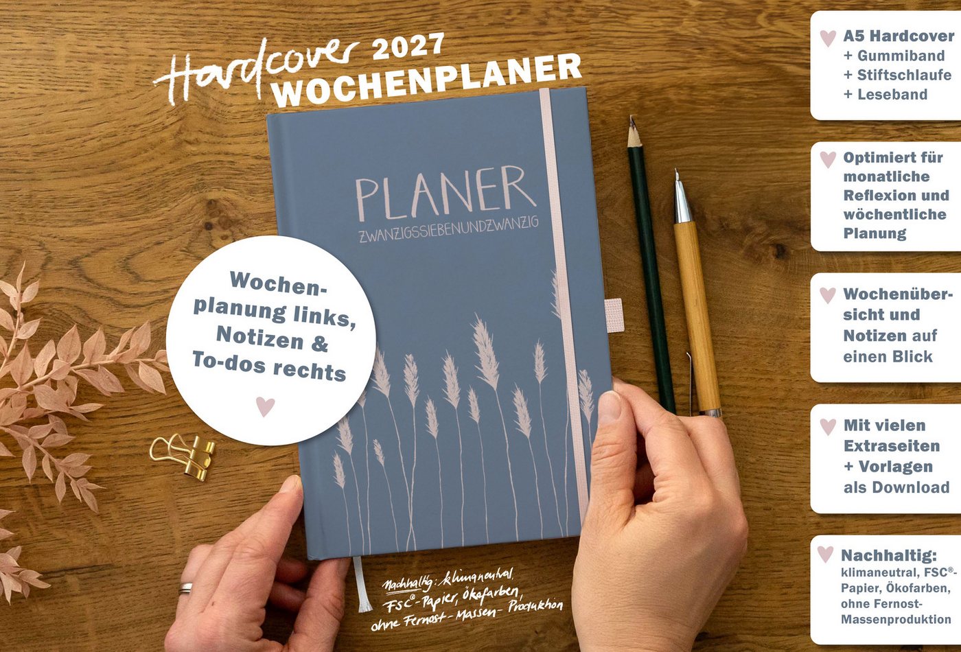 Eine der Guten Verlag Terminkalender Terminplaner 2027 - A5, blau rosa, 1 Doppelseite / Woche, FSC-Papier, Hardcover, Gummiband, Stiftschlaufe Bild 5