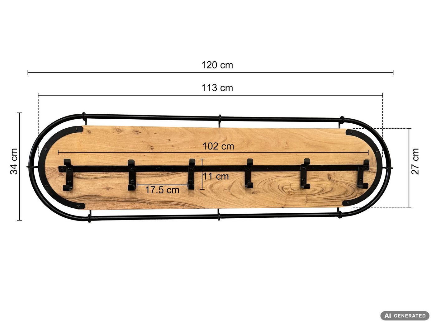 FINEBUY Wandgarderobe FB82161 Hängegarderobe 120cm Garderobe Flurgarderobe Massivholz Metall (Garderobenpaneel mit sechs Haken für deinen Flur), Garderobenleiste mit ovalem Metallrahmen
