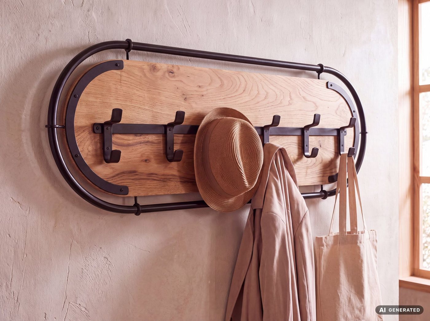 FINEBUY Wandgarderobe FB82161 Hängegarderobe 120cm Garderobe Flurgarderobe Massivholz Metall (Garderobenpaneel mit sechs Haken für deinen Flur), Garderobenleiste mit ovalem Metallrahmen Bild 2