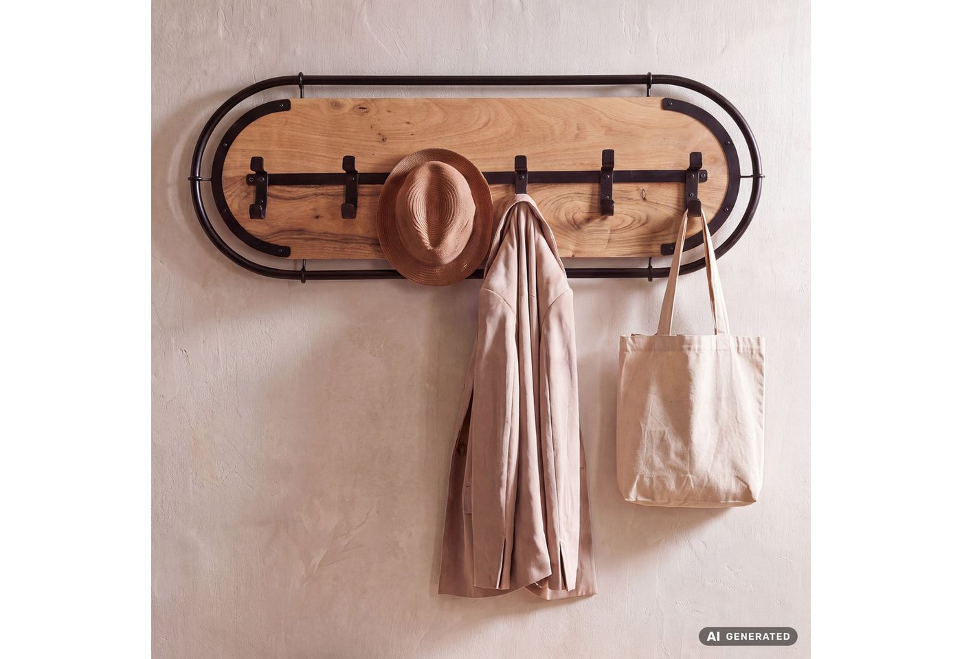 FINEBUY Wandgarderobe FB82161 Hängegarderobe 120cm Garderobe Flurgarderobe Massivholz Metall (Garderobenpaneel mit sechs Haken für deinen Flur), Garderobenleiste mit ovalem Metallrahmen Bild 5
