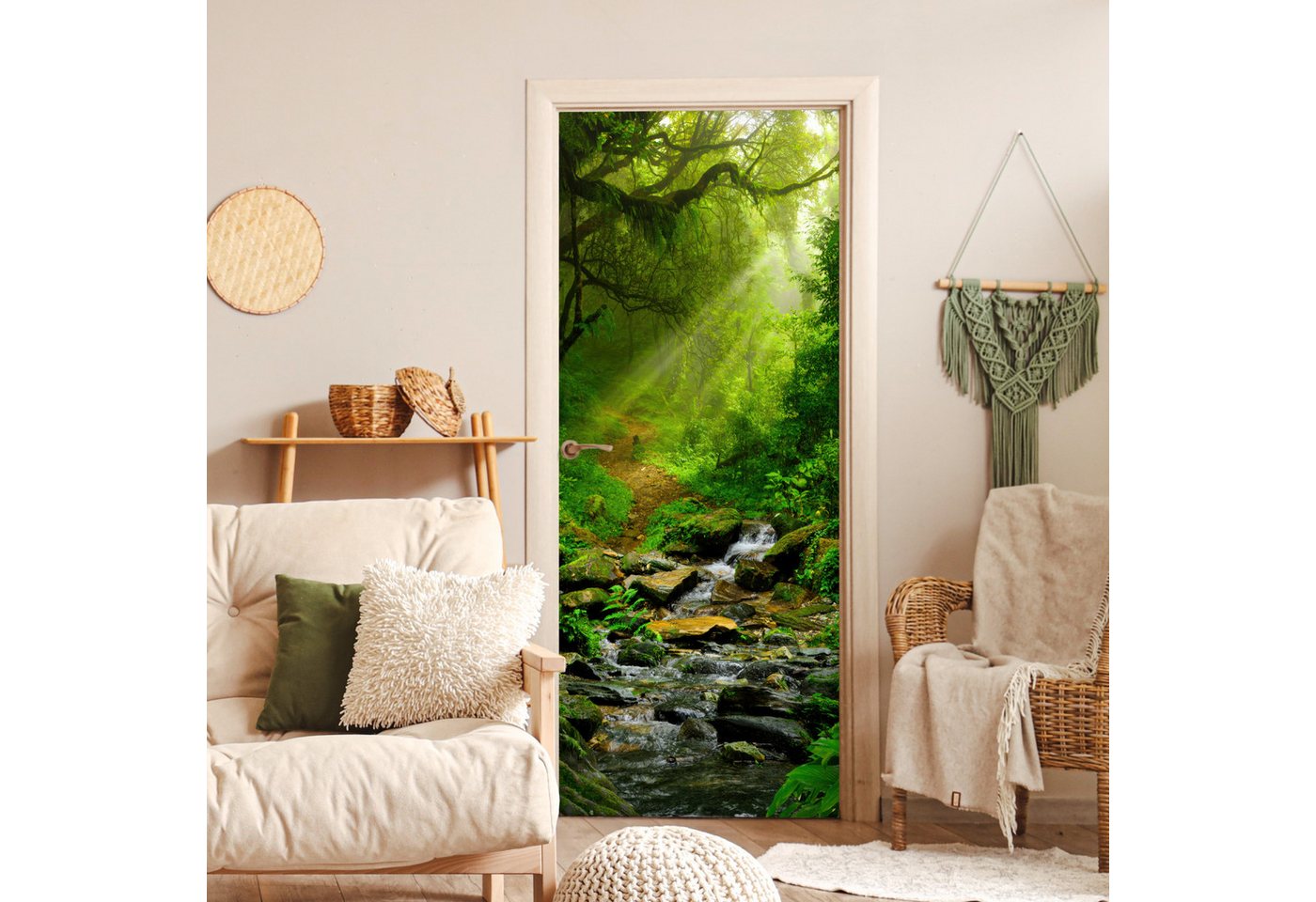MuchoWow Türtapete Dschungel - Grün - Wasserfall - Natur, Matt, bedruckt, (1 St), Selbstklebende Tapete, Folie für Möbel, 70x215 cm