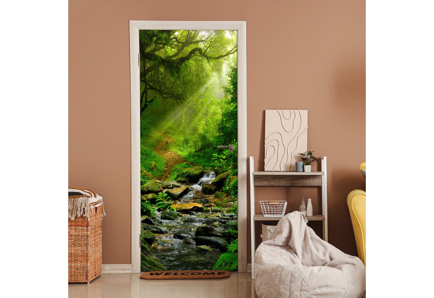MuchoWow Türtapete Dschungel - Grün - Wasserfall - Natur, Matt, bedruckt, (1 St), Selbstklebende Tapete, Folie für Möbel, 70x215 cm Bild 2